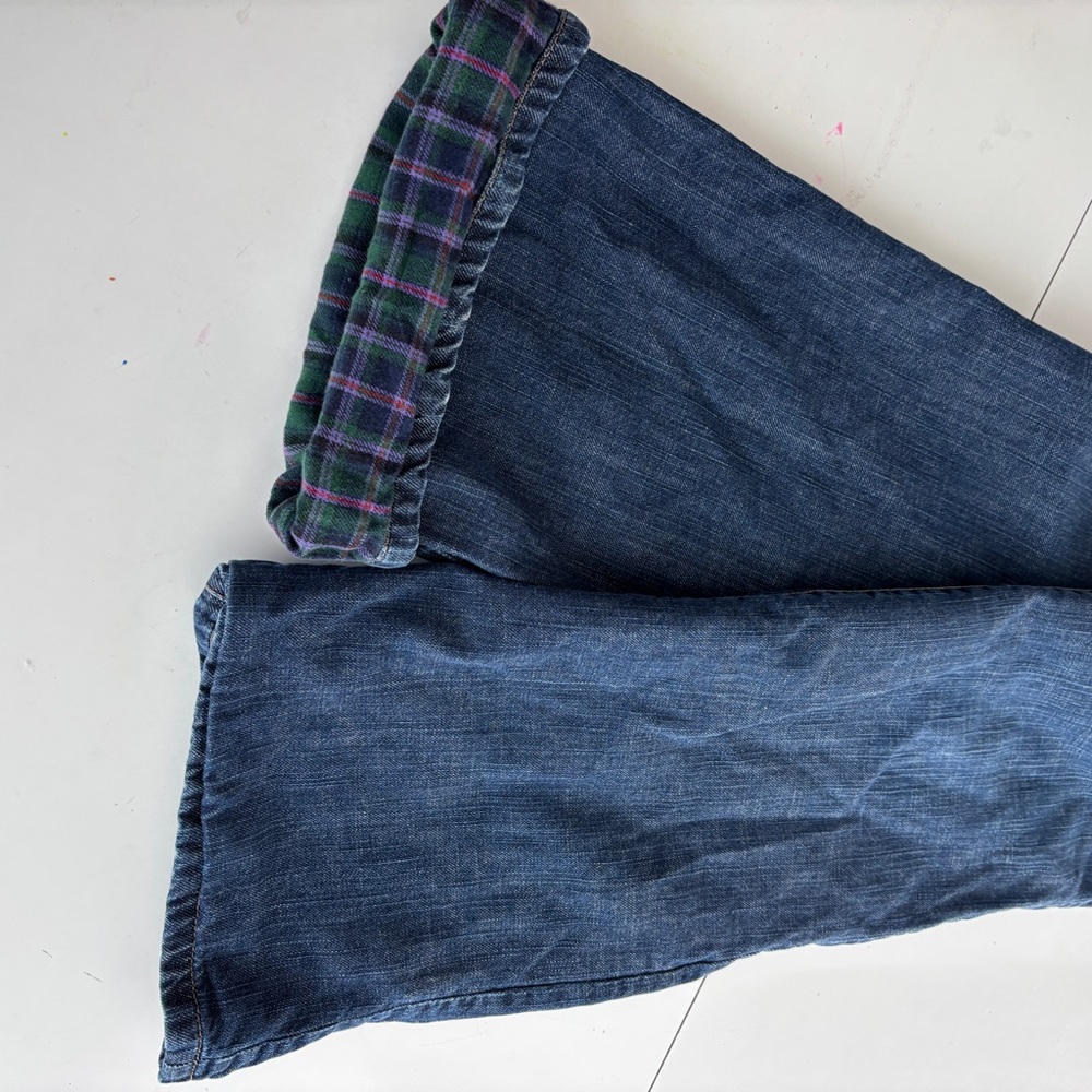 Eddie Bauer Women's Dark Blue Plaid Fleece Lined Jeans